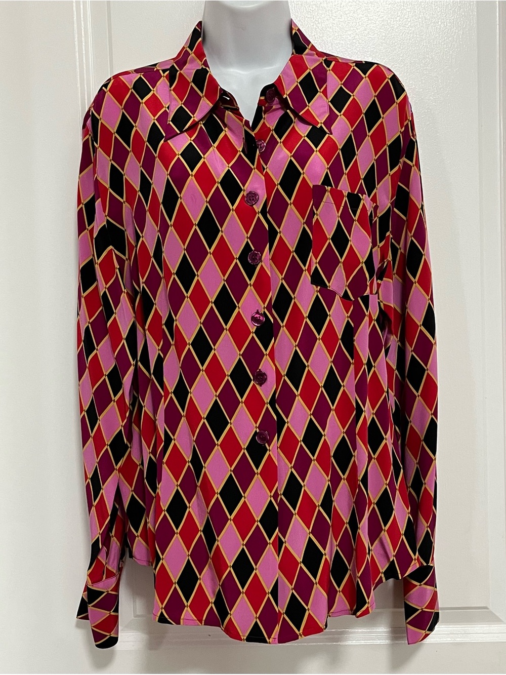VTG Diane von Furstenberg Silk Assets Harlequin Diamond Blouse L - Picture 2 of 9